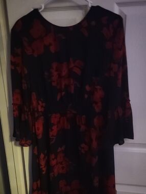 Black Dress with Red Floral Print - Women's Elegant Long Sleeve Shirt